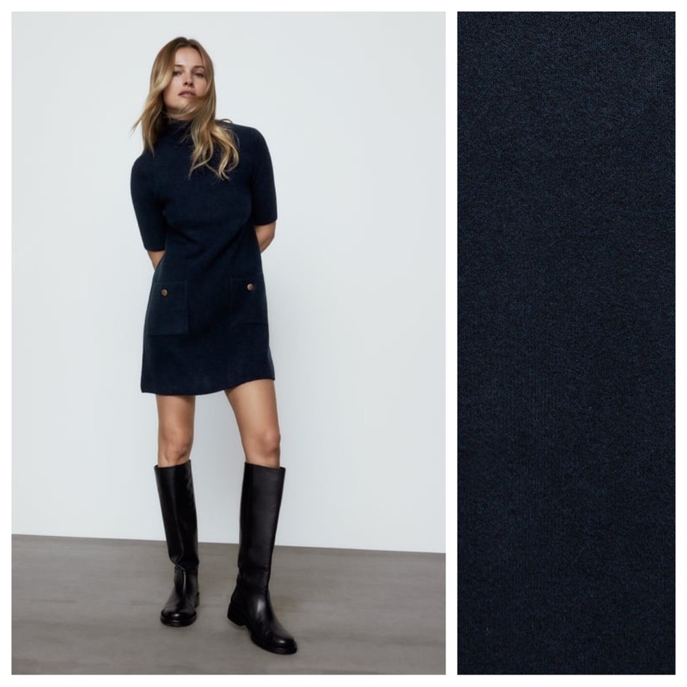NWT. Zara Navy Blue Wool Blend Patch Pockets Knit Mini Dress. Size S.